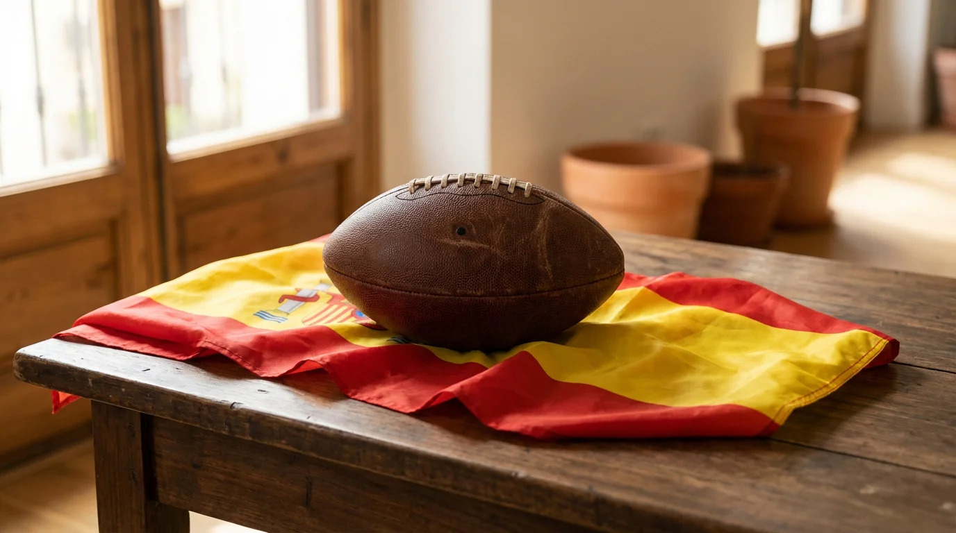 Bandera de España junto a un balón de fútbol americano sobre una mesa de madera