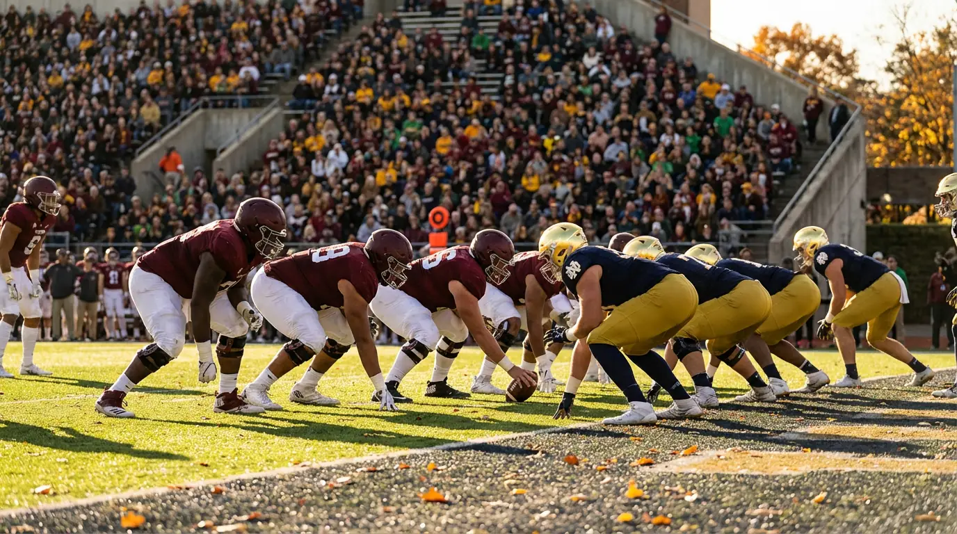 Jugadores de fútbol americano universitario en formación sobre césped con gradas llenas