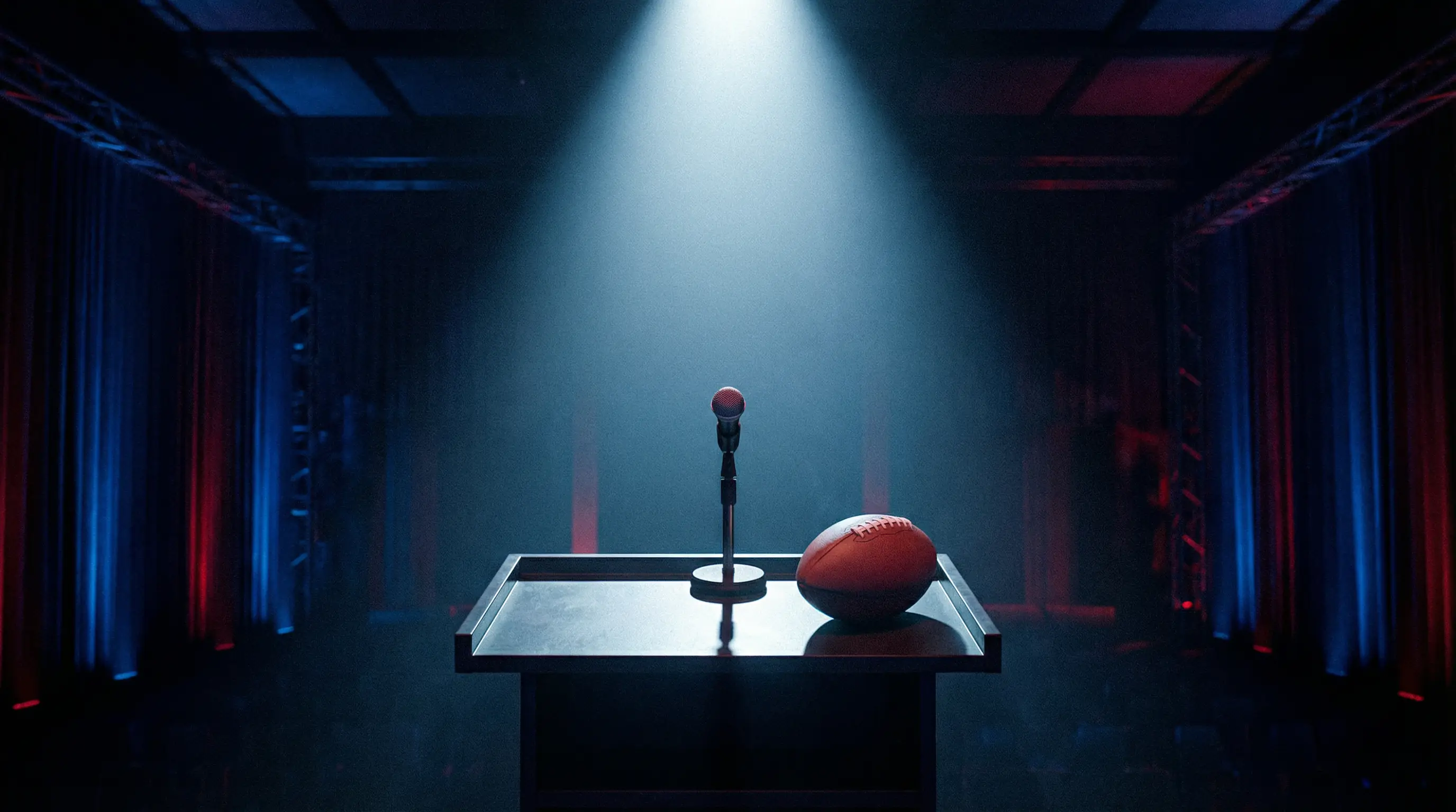 Podio vacío con micrófono preparado para un evento de draft de fútbol americano