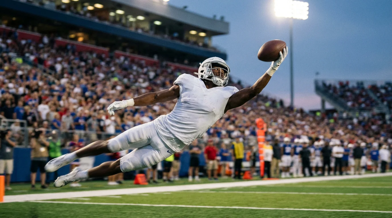Acción en un partido de fútbol americano con un receptor atrapando el balón en plena jugada