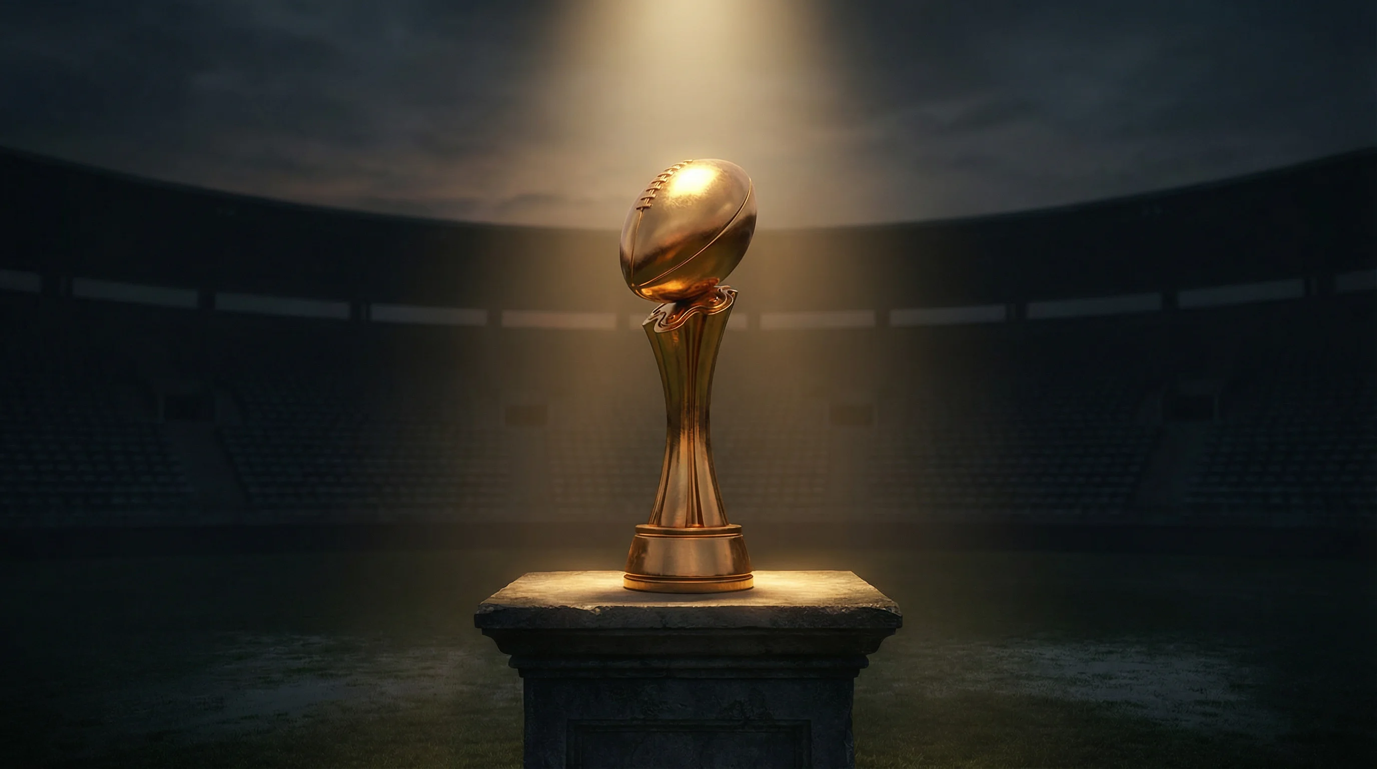 Trofeo dorado de fútbol americano iluminado sobre un pedestal con fondo oscuro de estadio