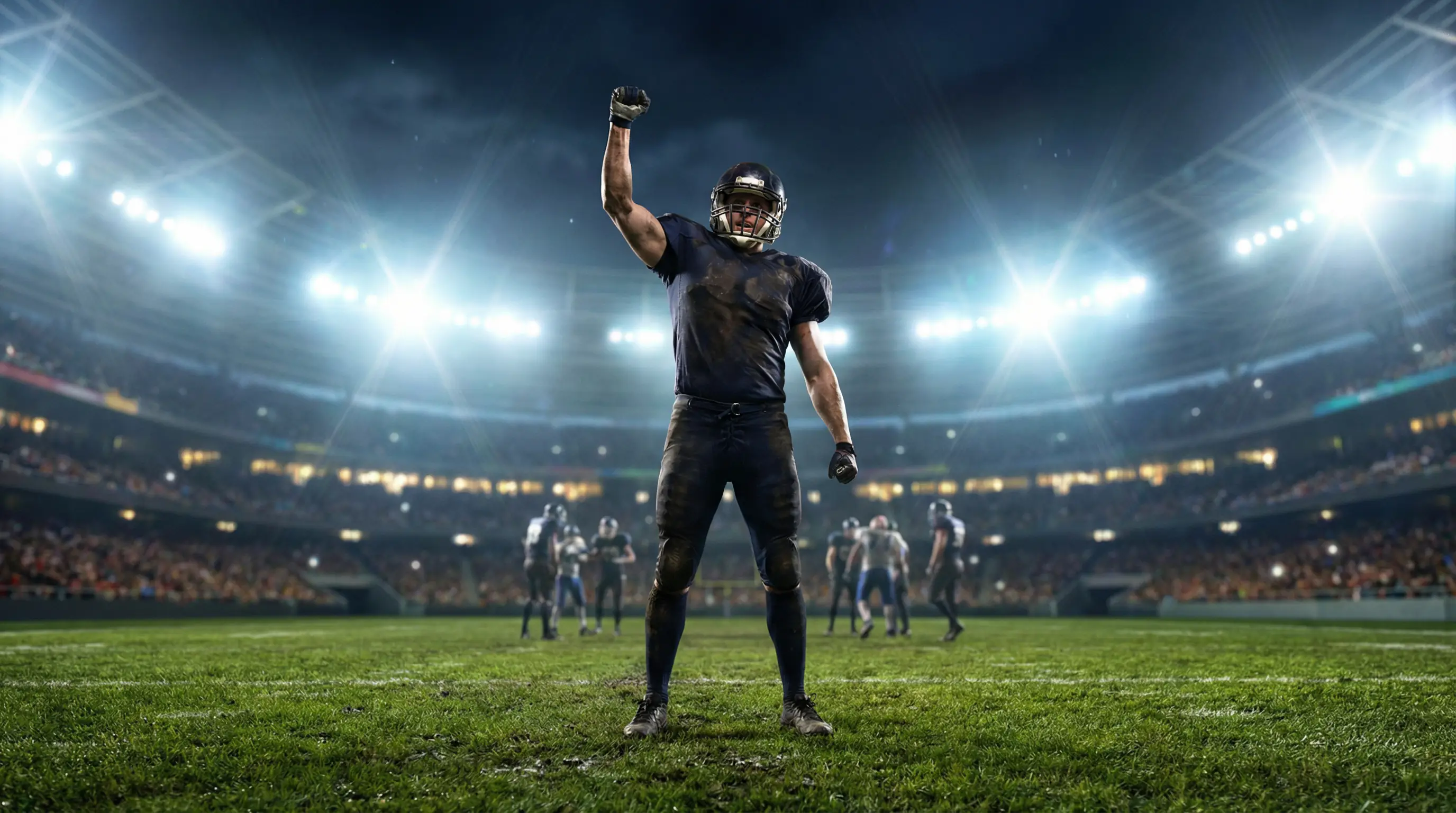Jugador de fútbol americano celebrando una victoria en el campo con luces del estadio de fondo
