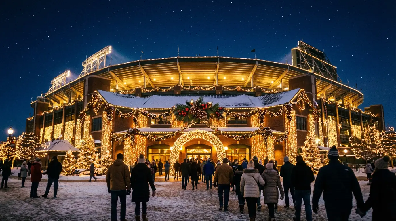 Estadio de fútbol americano decorado con luces festivas durante un partido de temporada navideña