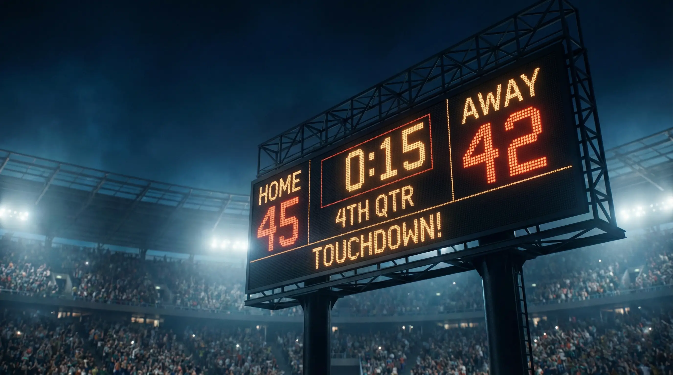 Marcador electrónico de un estadio de fútbol americano iluminado durante un partido nocturno