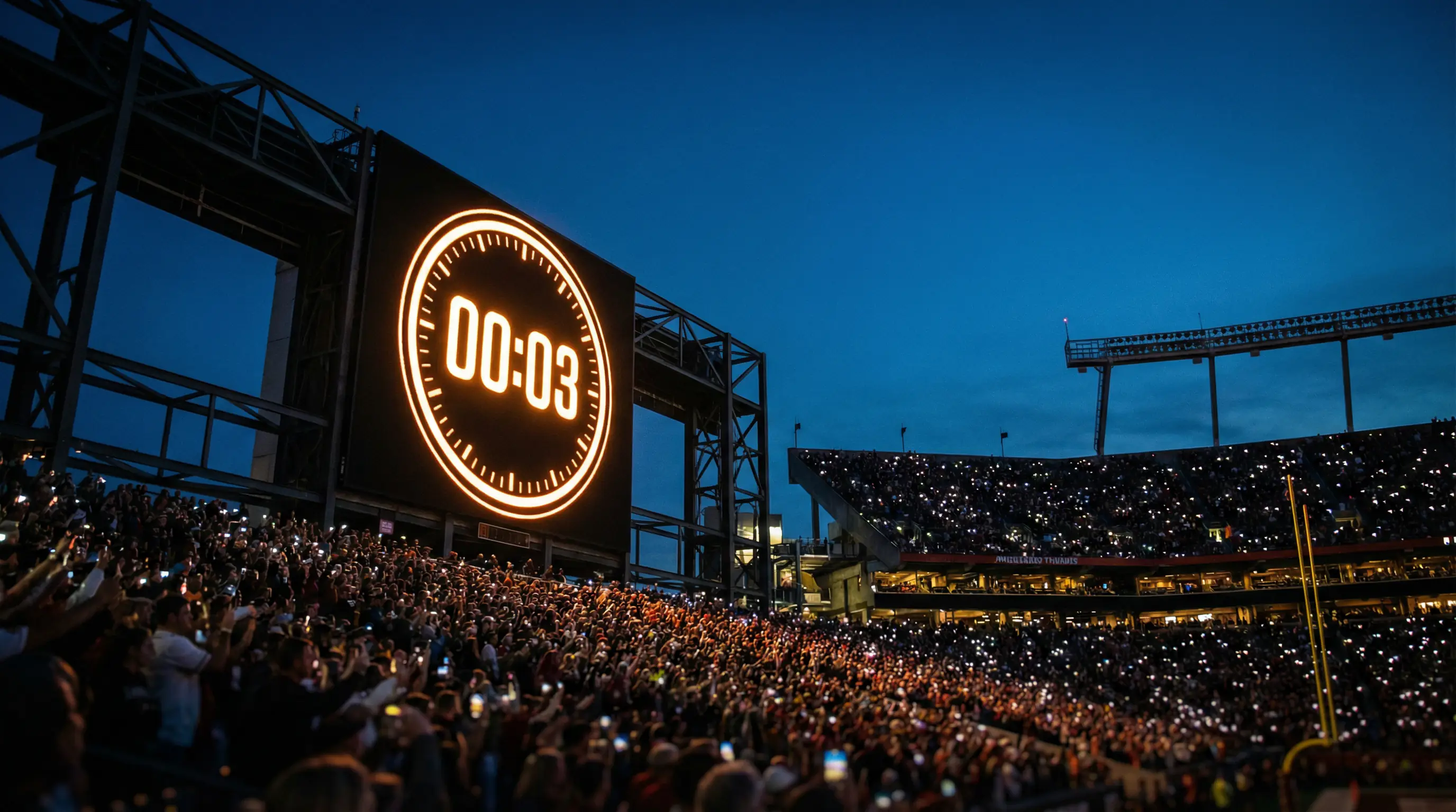 Reloj de estadio mostrando el tiempo de juego durante un partido de fútbol americano