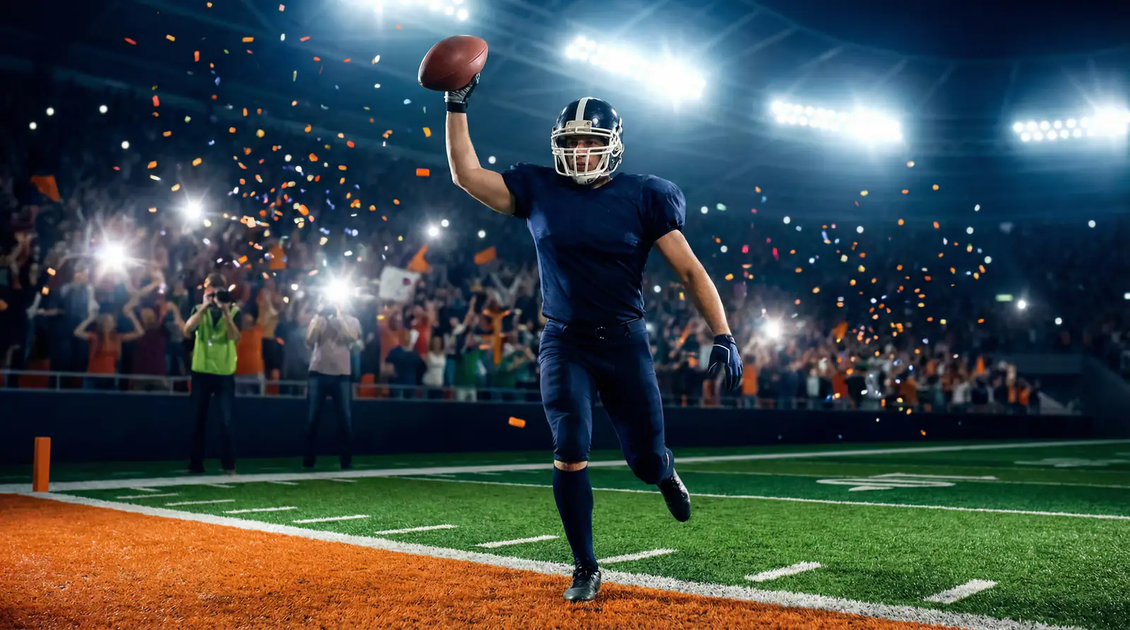 Jugador de fútbol americano cruzando la zona de anotación con el balón en alto