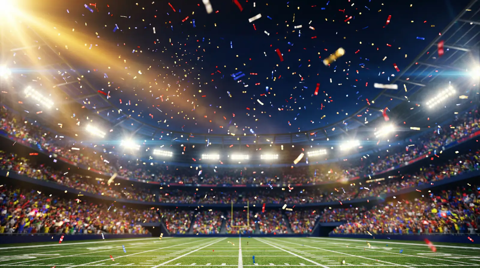 Estadio de fútbol americano iluminado durante la noche del Super Bowl con confeti en el aire