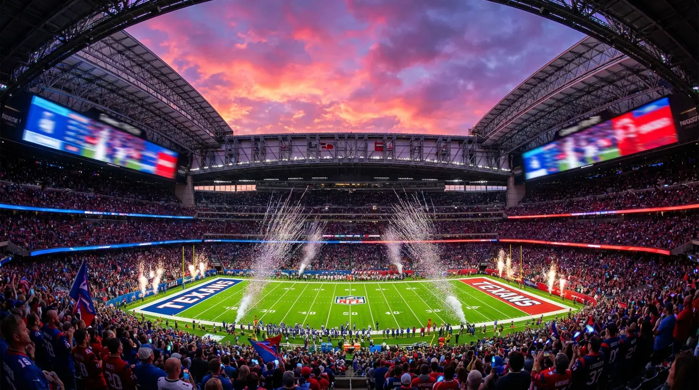 Ambiente del Super Bowl con estadio lleno y campo de fútbol americano preparado para la final de la NFL