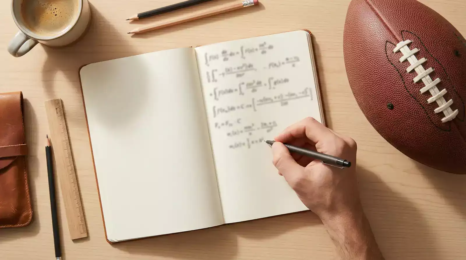 Persona escribiendo fórmulas y cálculos en una libreta junto a un balón de fútbol americano