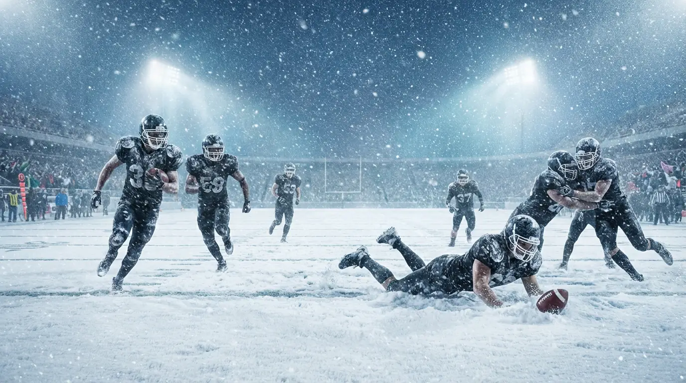 Partido de fútbol americano bajo una intensa nevada con jugadores en el campo cubierto de nieve