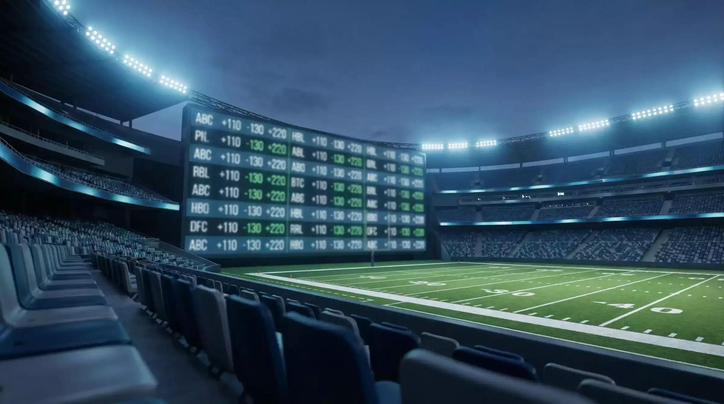 Pantalla de cuotas deportivas en un estadio de fútbol americano con gradas al fondo