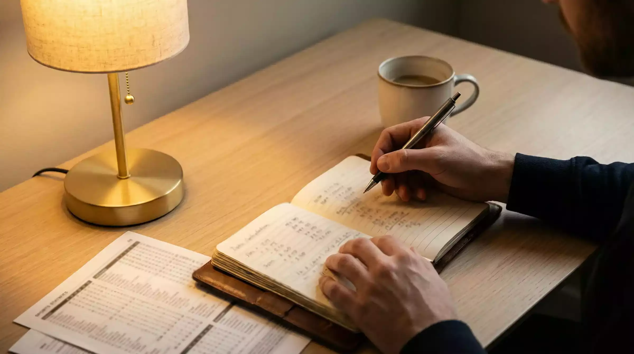 Persona analizando datos deportivos en un escritorio con notas y un bolígrafo