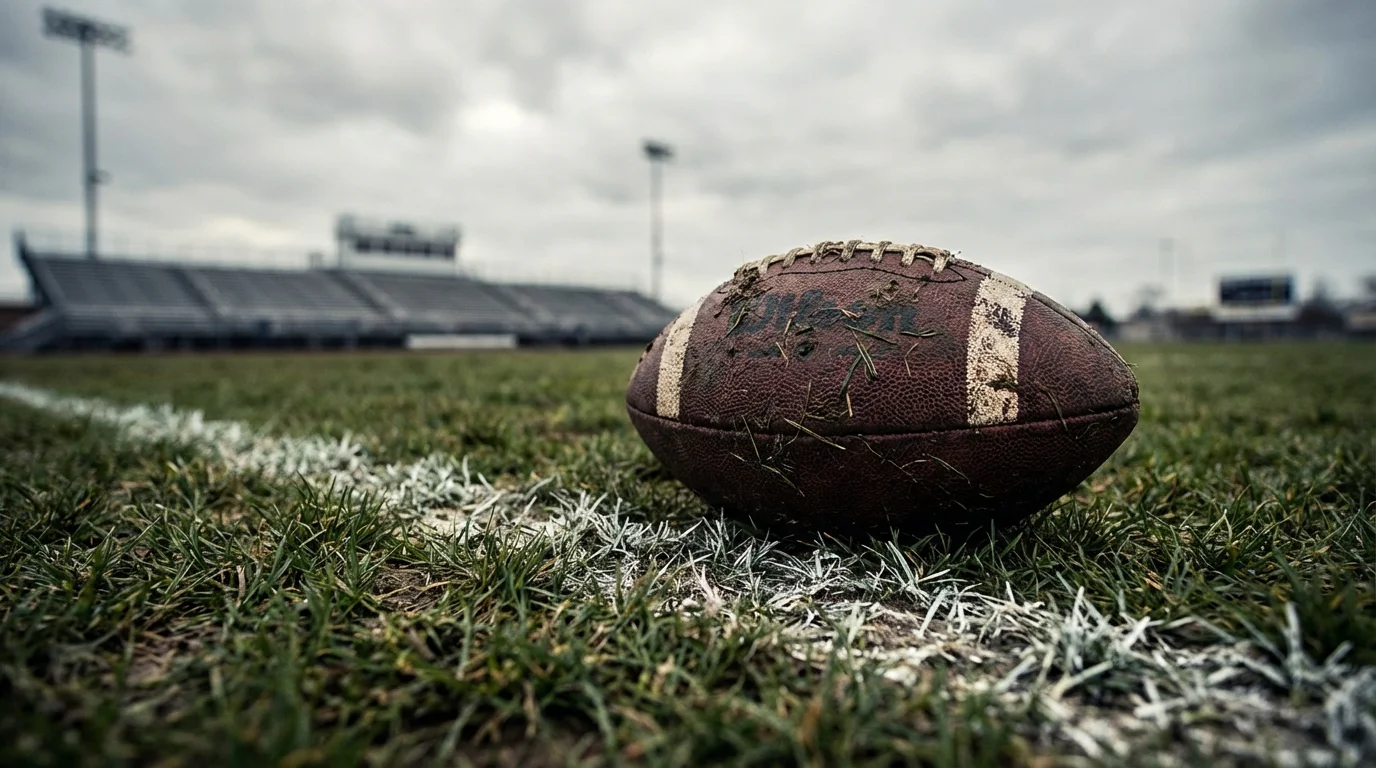 Balón de fútbol americano caído en el suelo del campo tras una jugada fallida