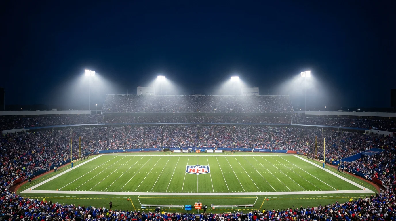 Estadio de fútbol americano iluminado durante un partido nocturno de la NFL