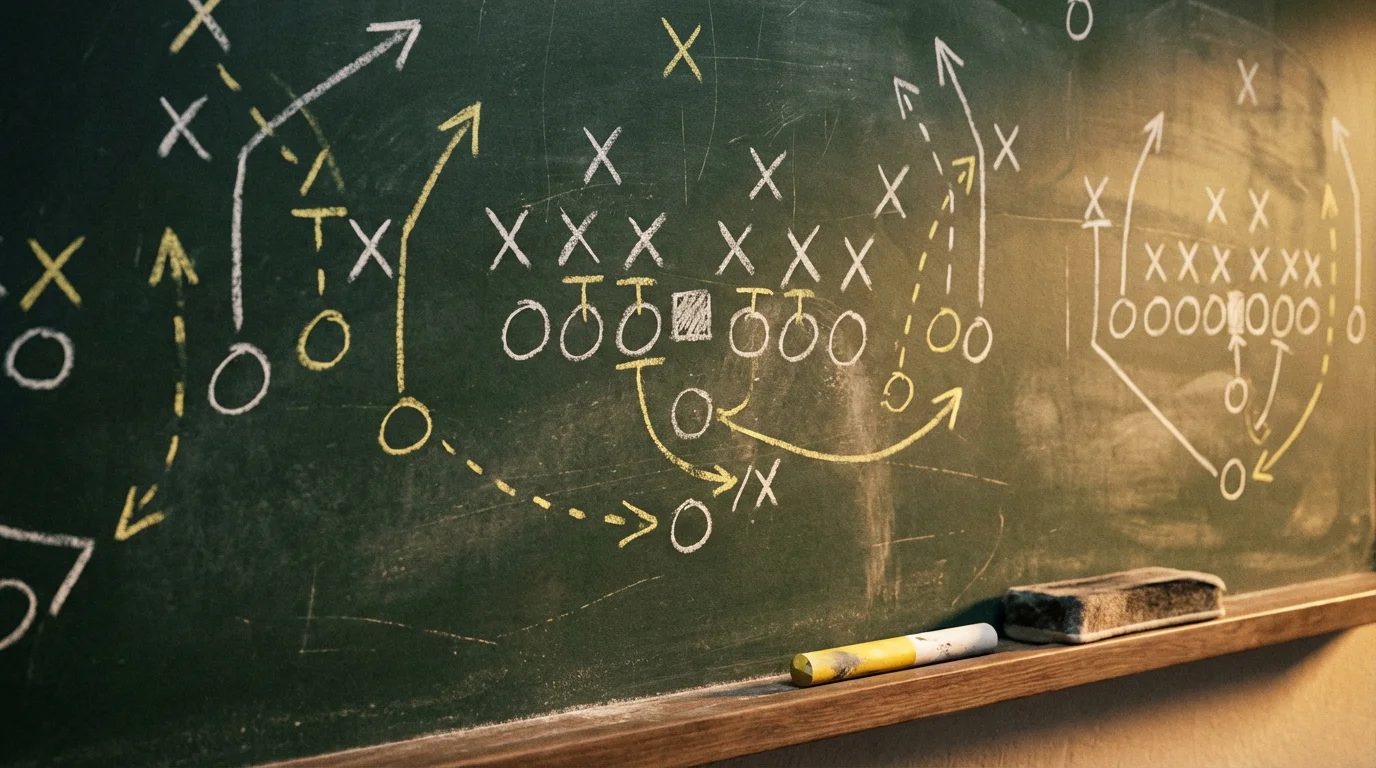 Pizarra con diagramas de jugadas de fútbol americano dibujados con tiza