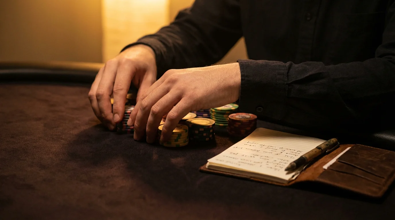 Persona organizando fichas de colores sobre una mesa con un cuaderno de anotaciones