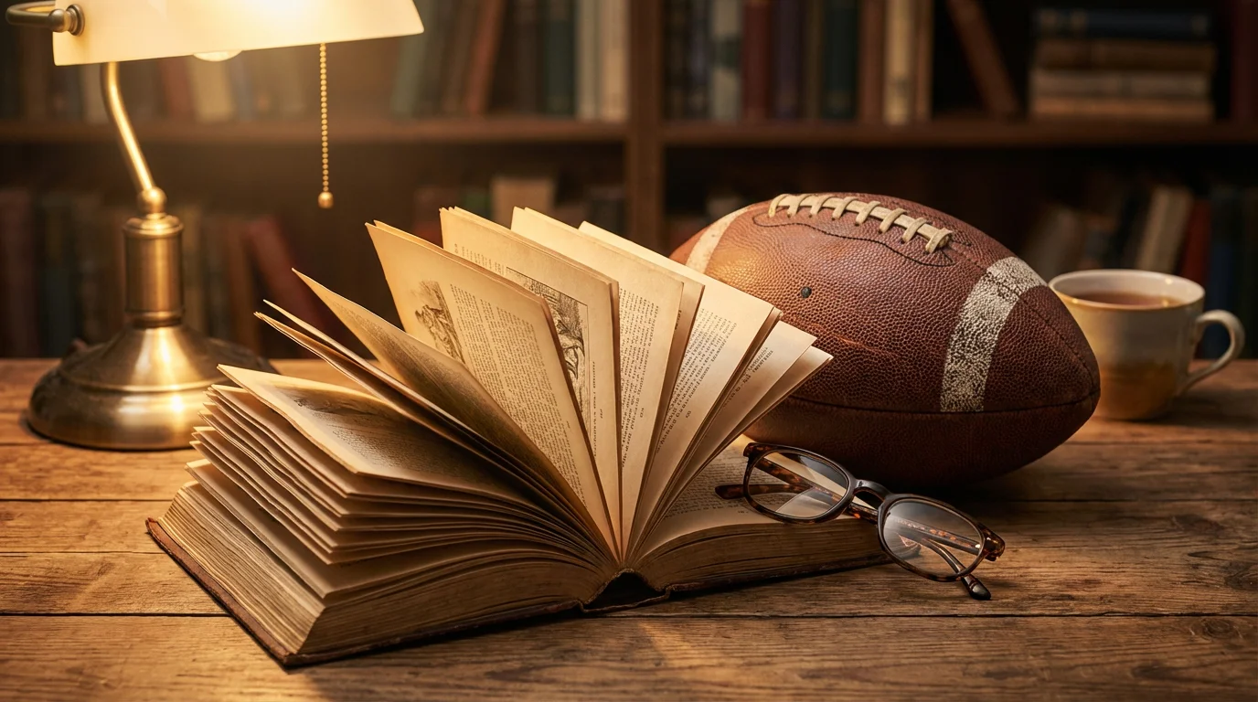 Libro abierto con un balón de fútbol americano sobre un escritorio bien iluminado