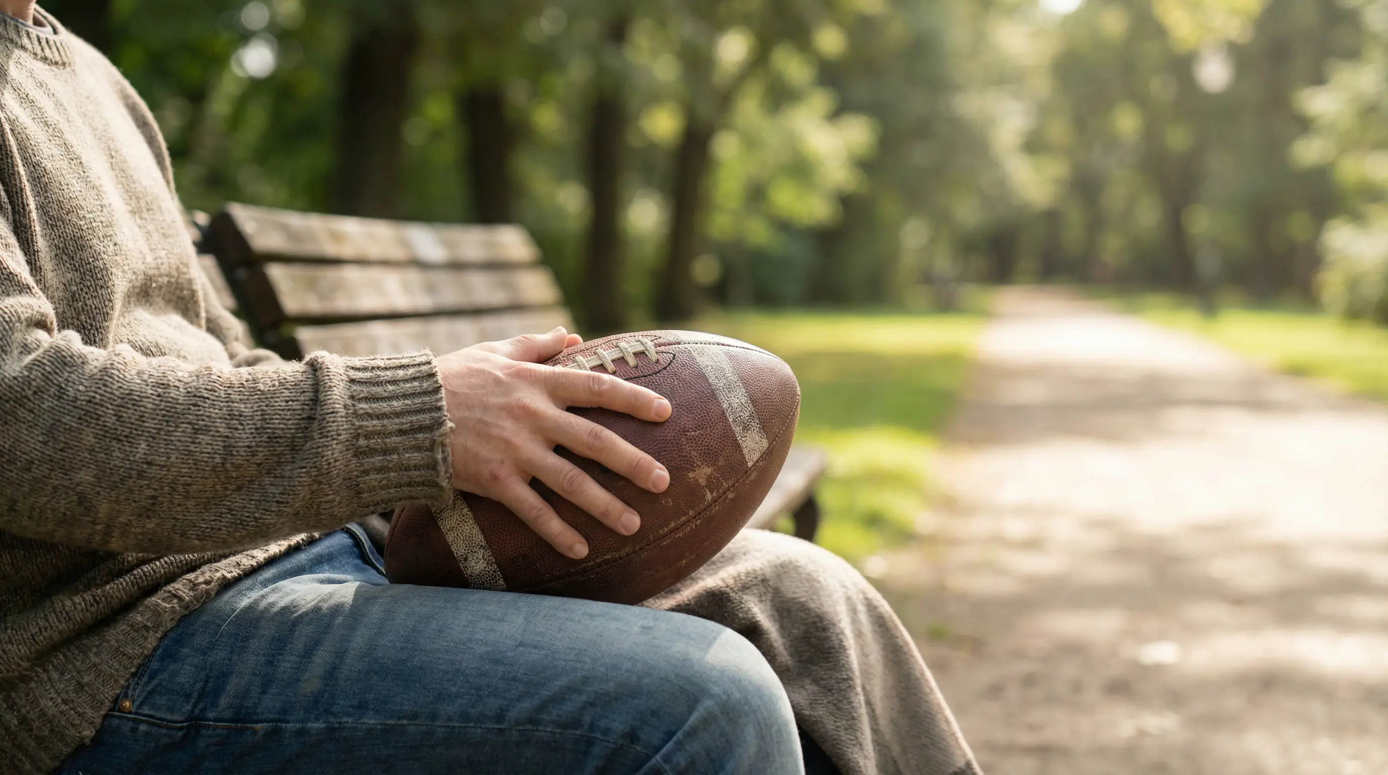 Manos de una persona sosteniendo un balón de fútbol americano con calma en un entorno sereno