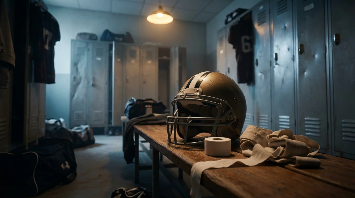 Casco de fútbol americano y vendas sobre una mesa representando el impacto de las lesiones