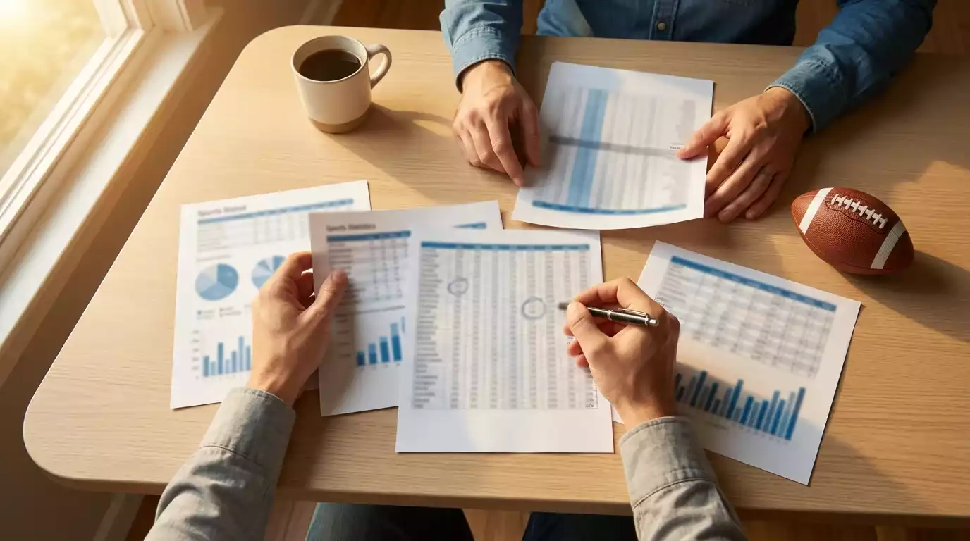 Persona comparando información deportiva en documentos impresos sobre un escritorio ordenado