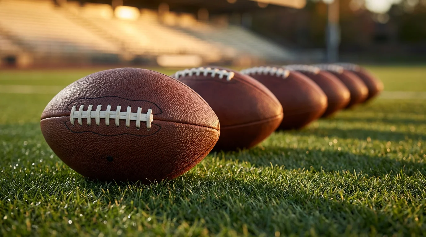 Varios balones de fútbol americano alineados sobre césped verde con luz dramática