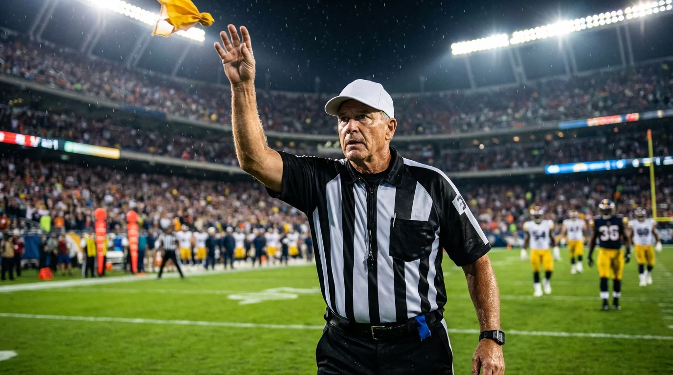 Árbitro de fútbol americano señalando una decisión en el campo durante un partido