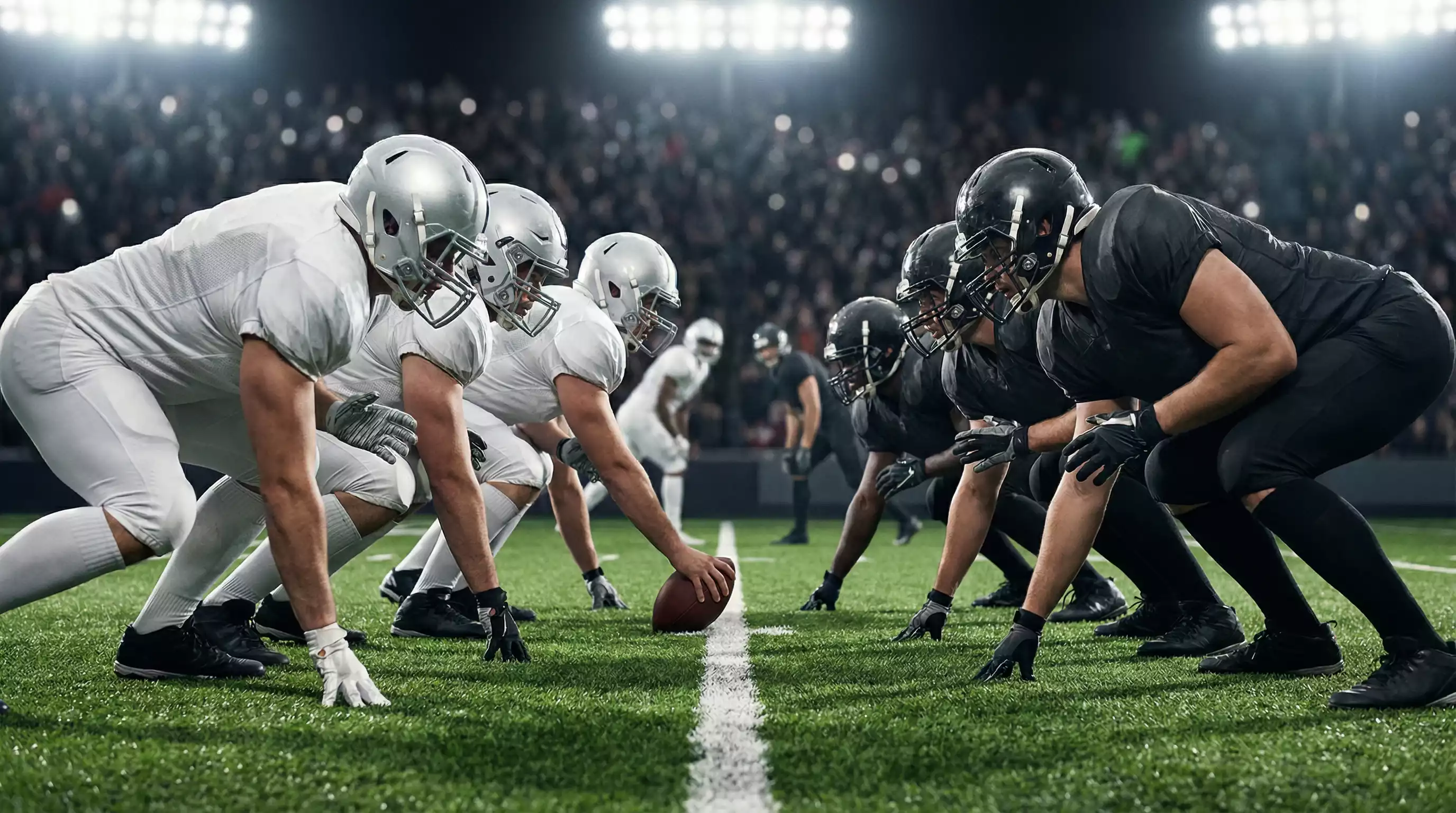 Dos equipos de fútbol americano enfrentados en la línea de scrimmage antes del snap
