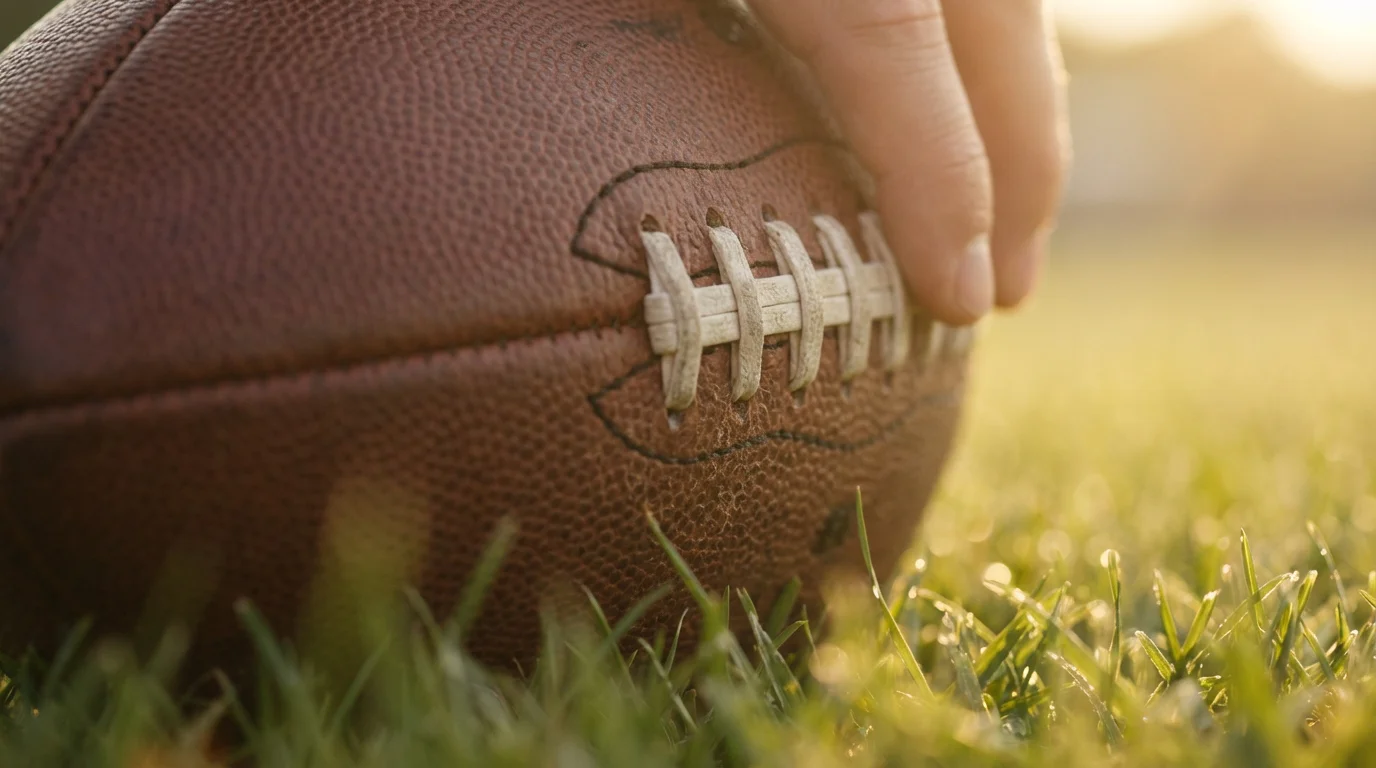 Primer plano de las costuras y textura de un balón de fútbol americano sobre césped
