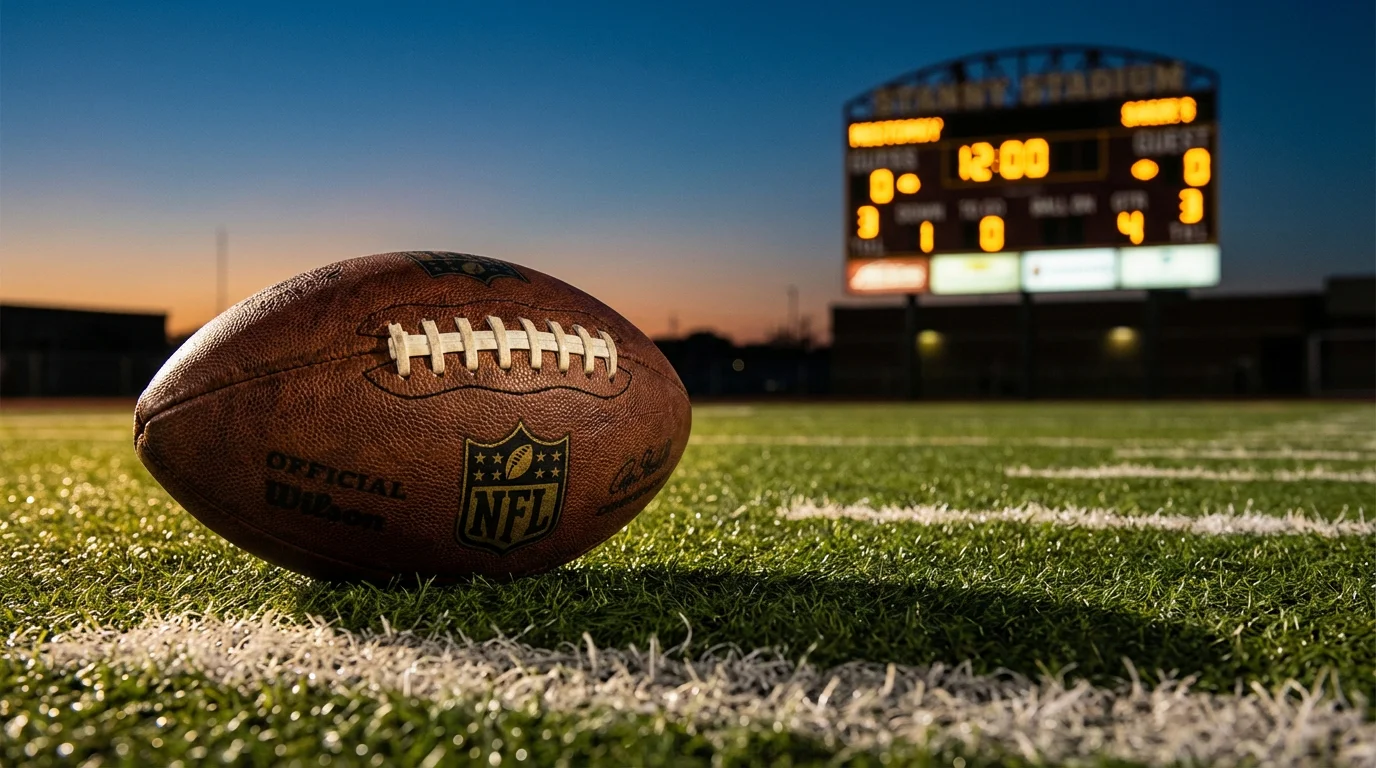 Balón de fútbol americano sobre césped con marcador de estadio iluminado al fondo
