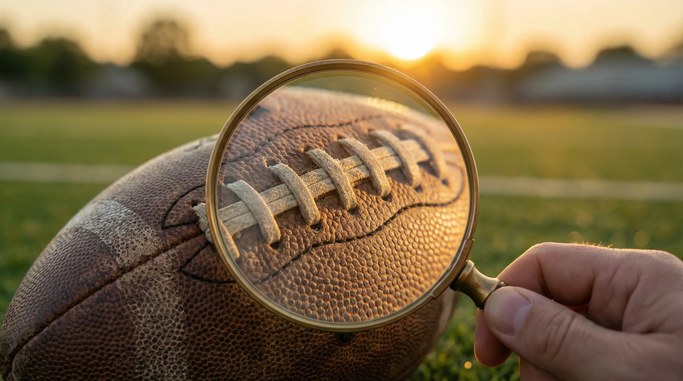 Lupa sobre un balón de fútbol americano simbolizando el análisis detallado de apuestas